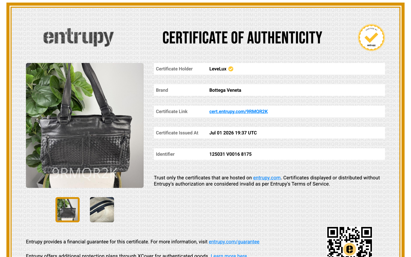 Entrupy Certificate of Authenticity 9RMQR2K
