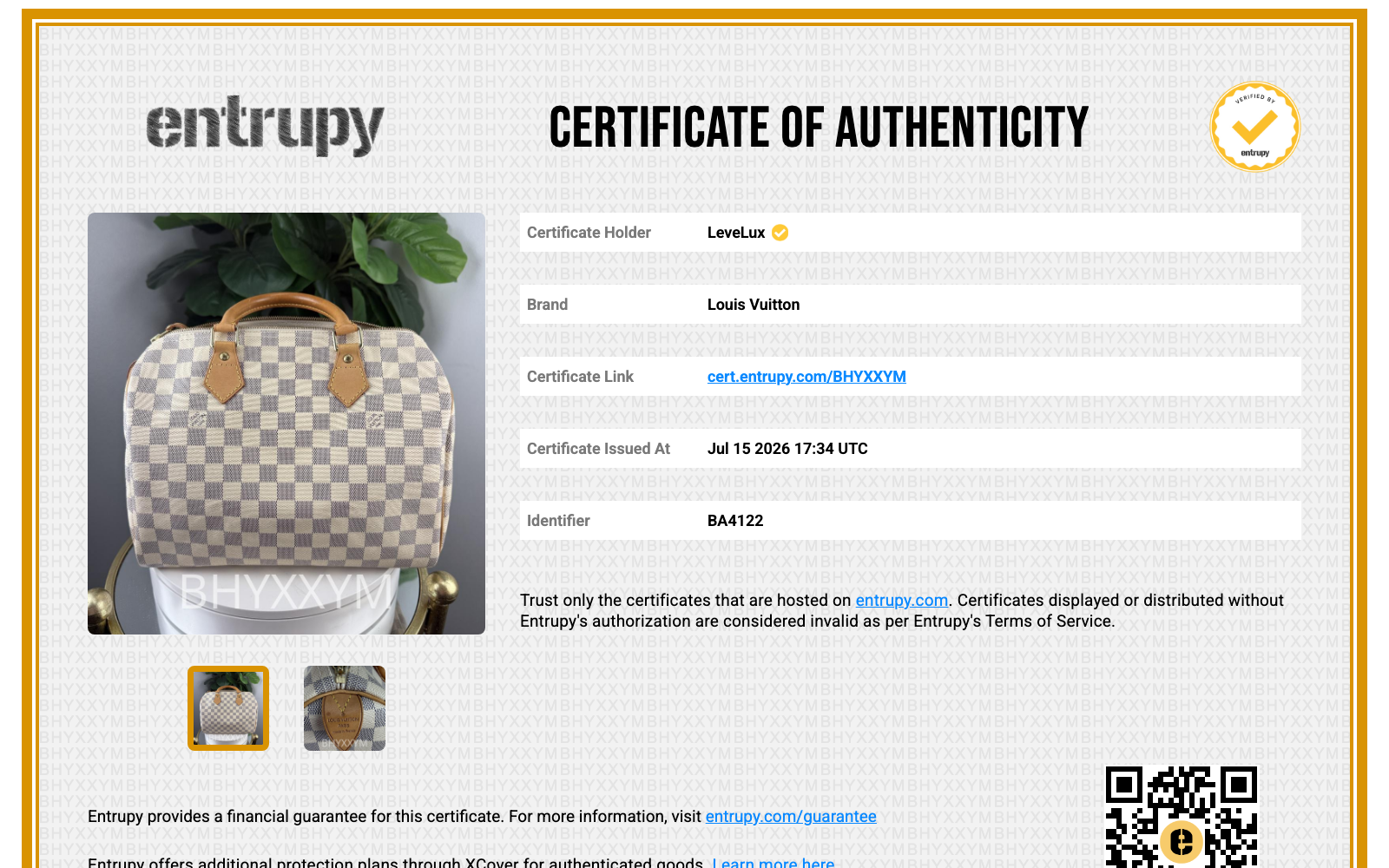 Entrupy Certificate of Authenticity BHYXXYM