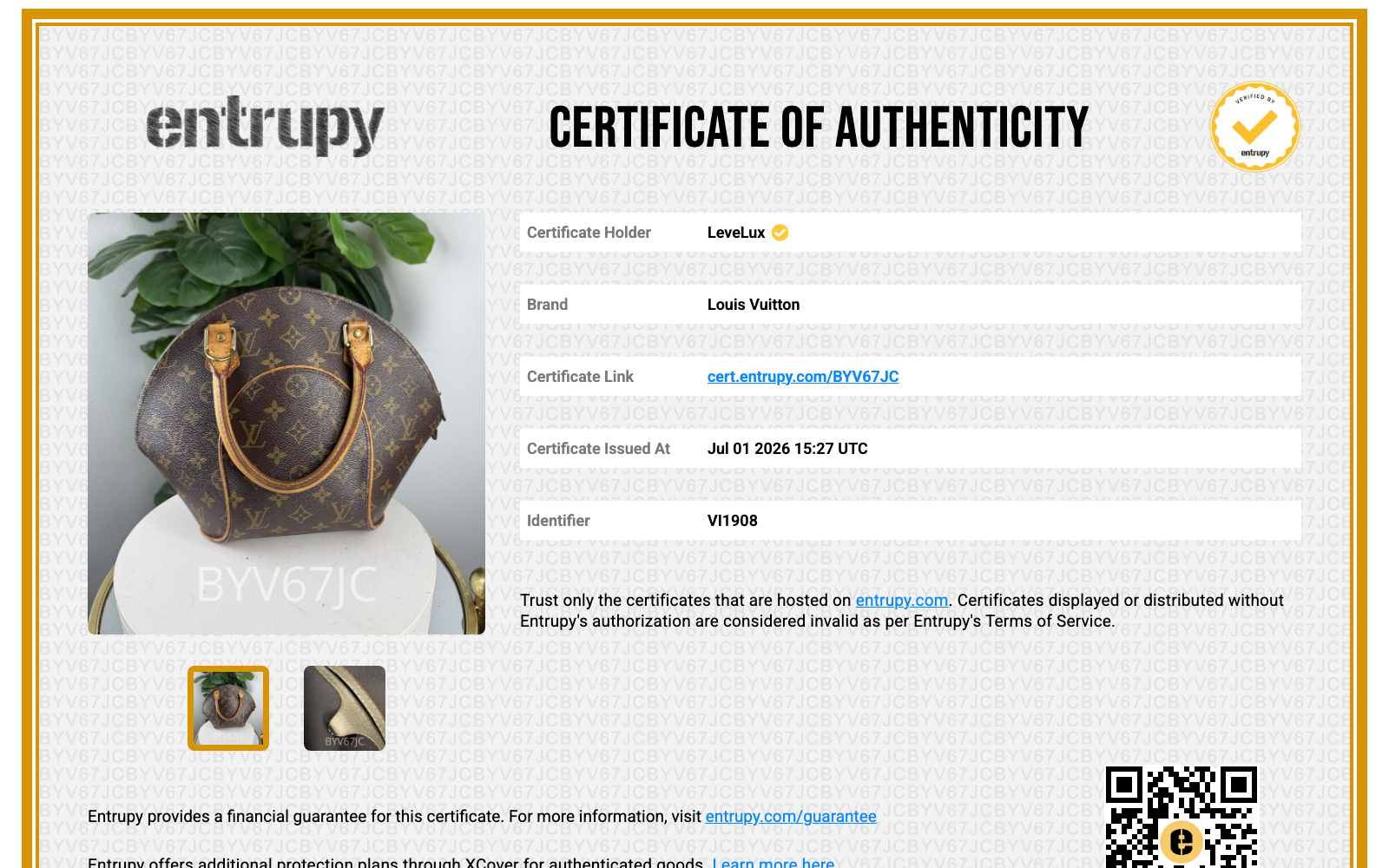 Entrupy Certificate of Authenticity BYV67JC