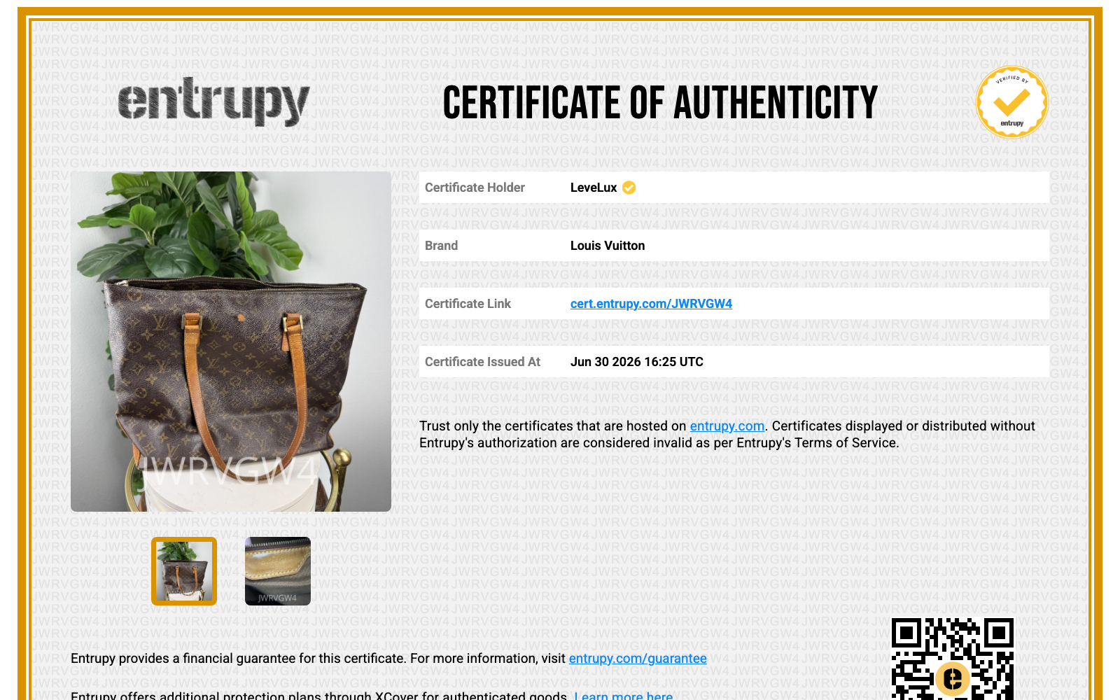 Entrupy Certificate of Authenticity JWRVGW4