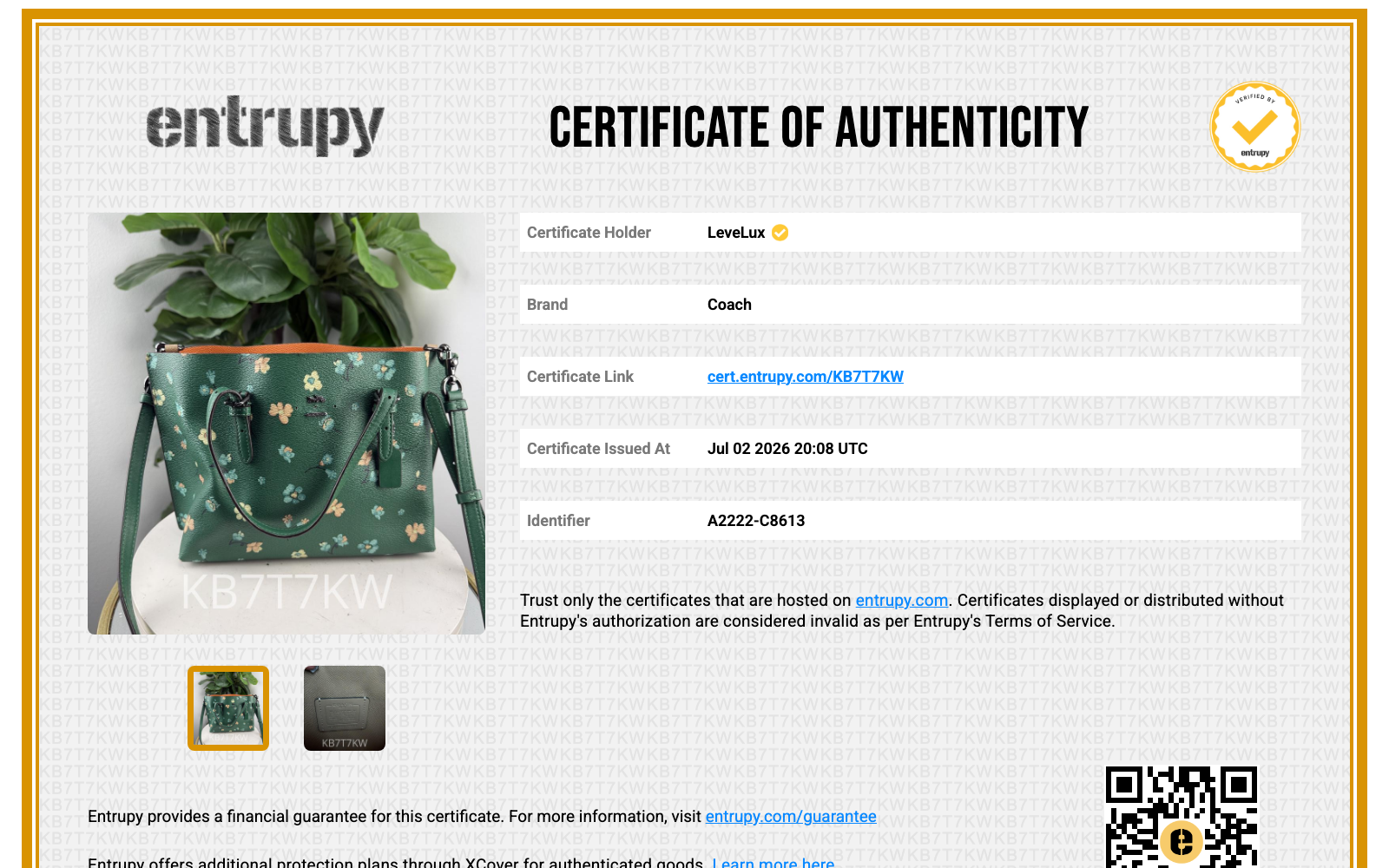 Entrupy Certificate of Authenticity KB7T7KW