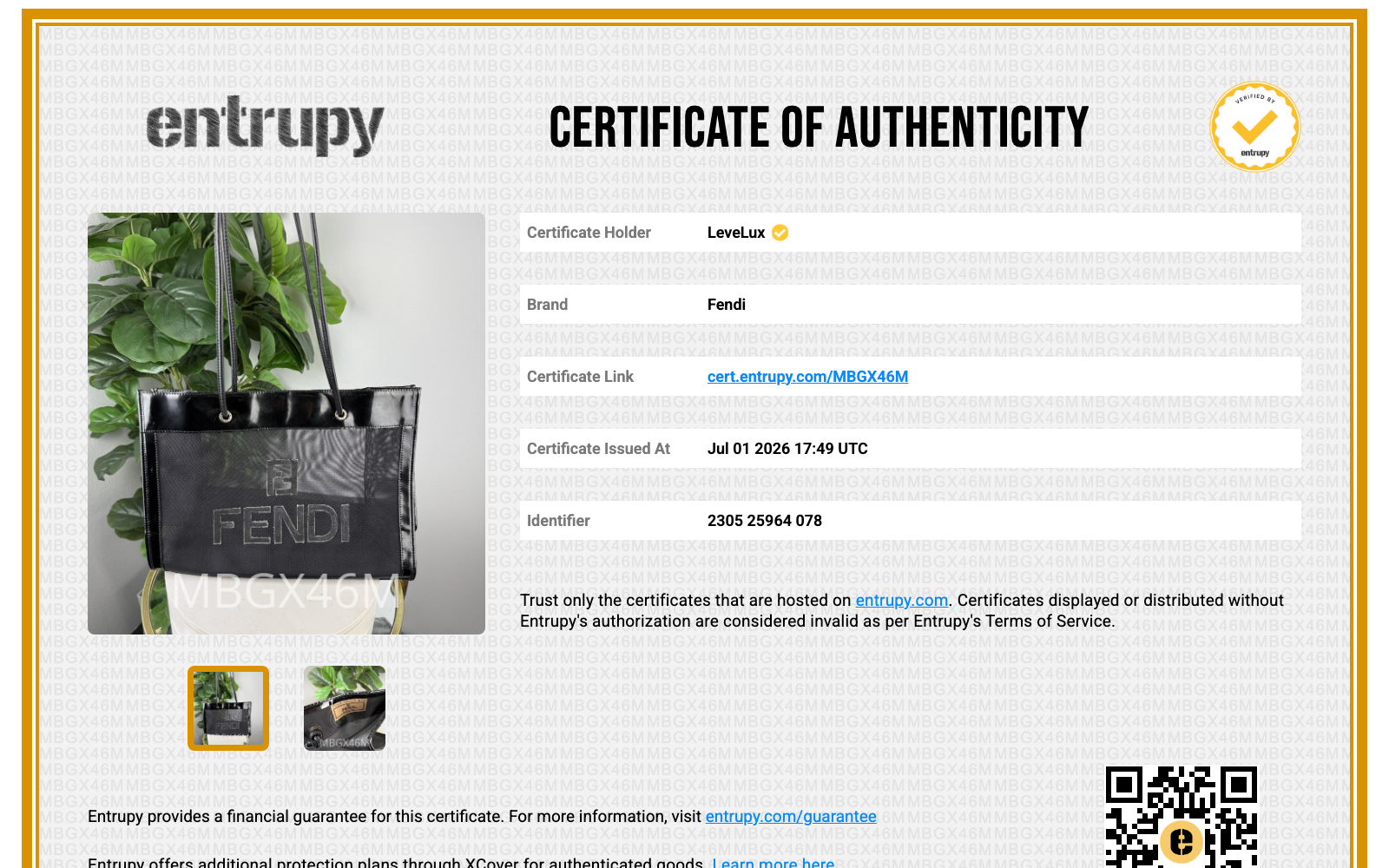 Entrupy Certificate of Authenticity MBGX46M
