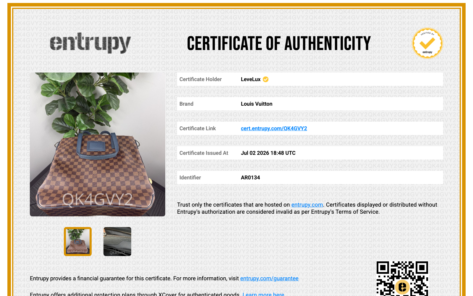 Entrupy Certificate of Authenticity QK4GVY2
