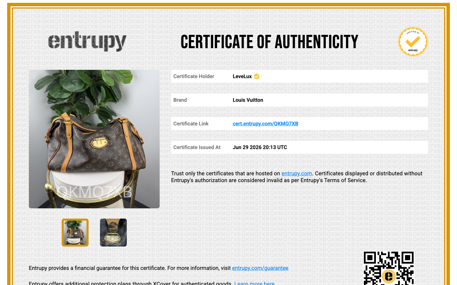 Entrupy Certificate of Authenticity QKMQ7XB