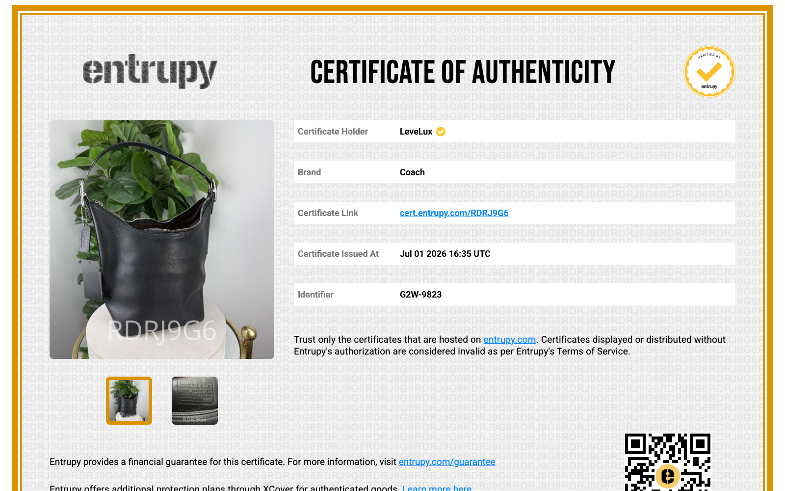 Entrupy Certificate of Authenticity RDRJ9G6