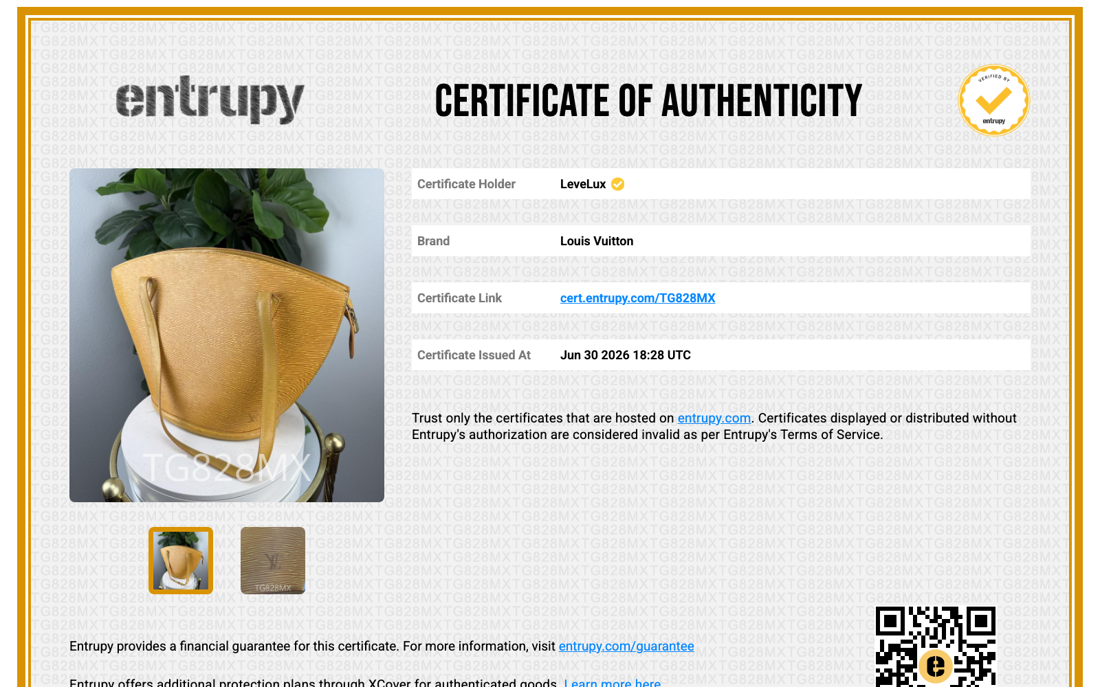 Entrupy Certificate of Authenticity TG828MX