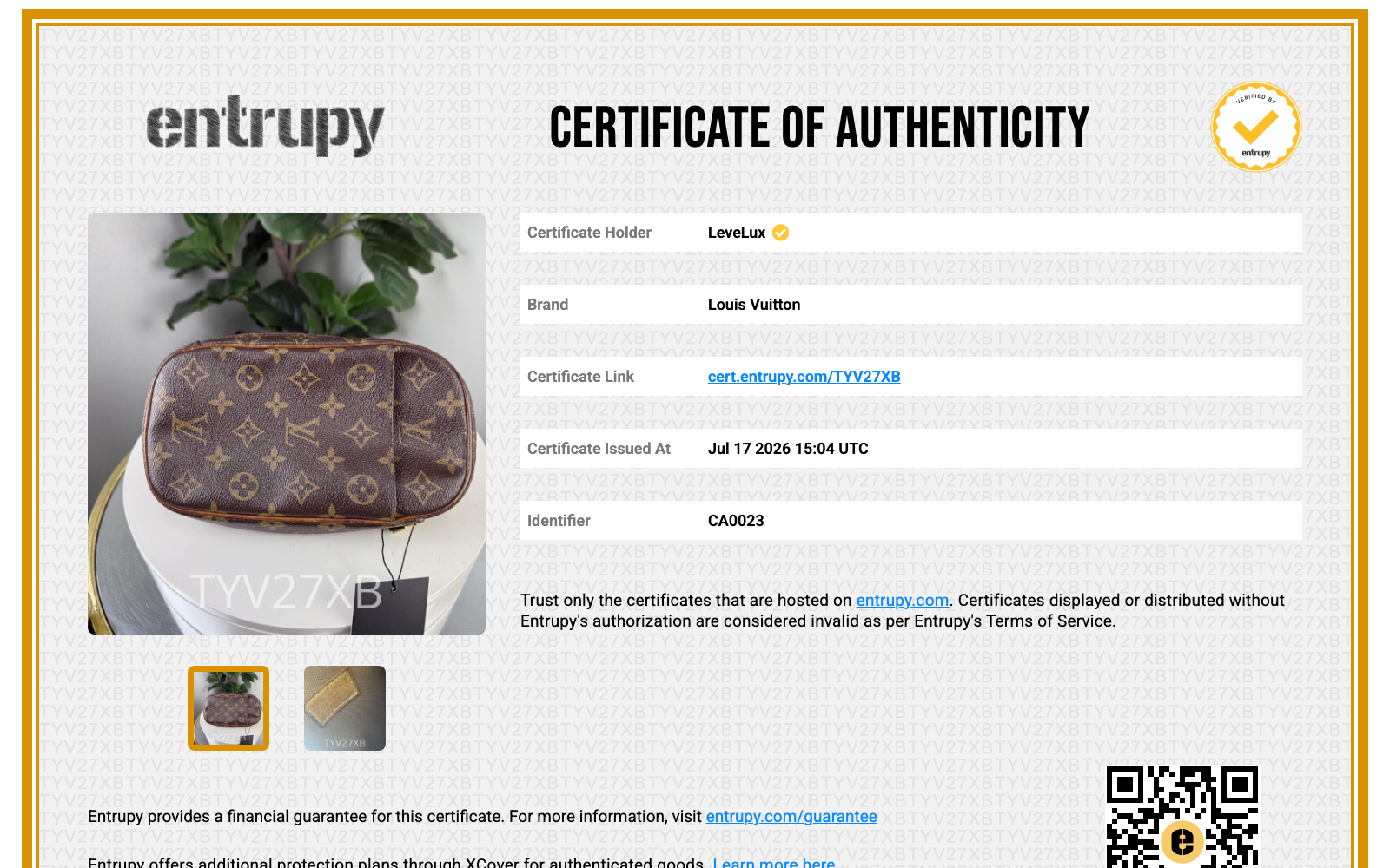 Entrupy Certificate of Authenticity TYV27XB