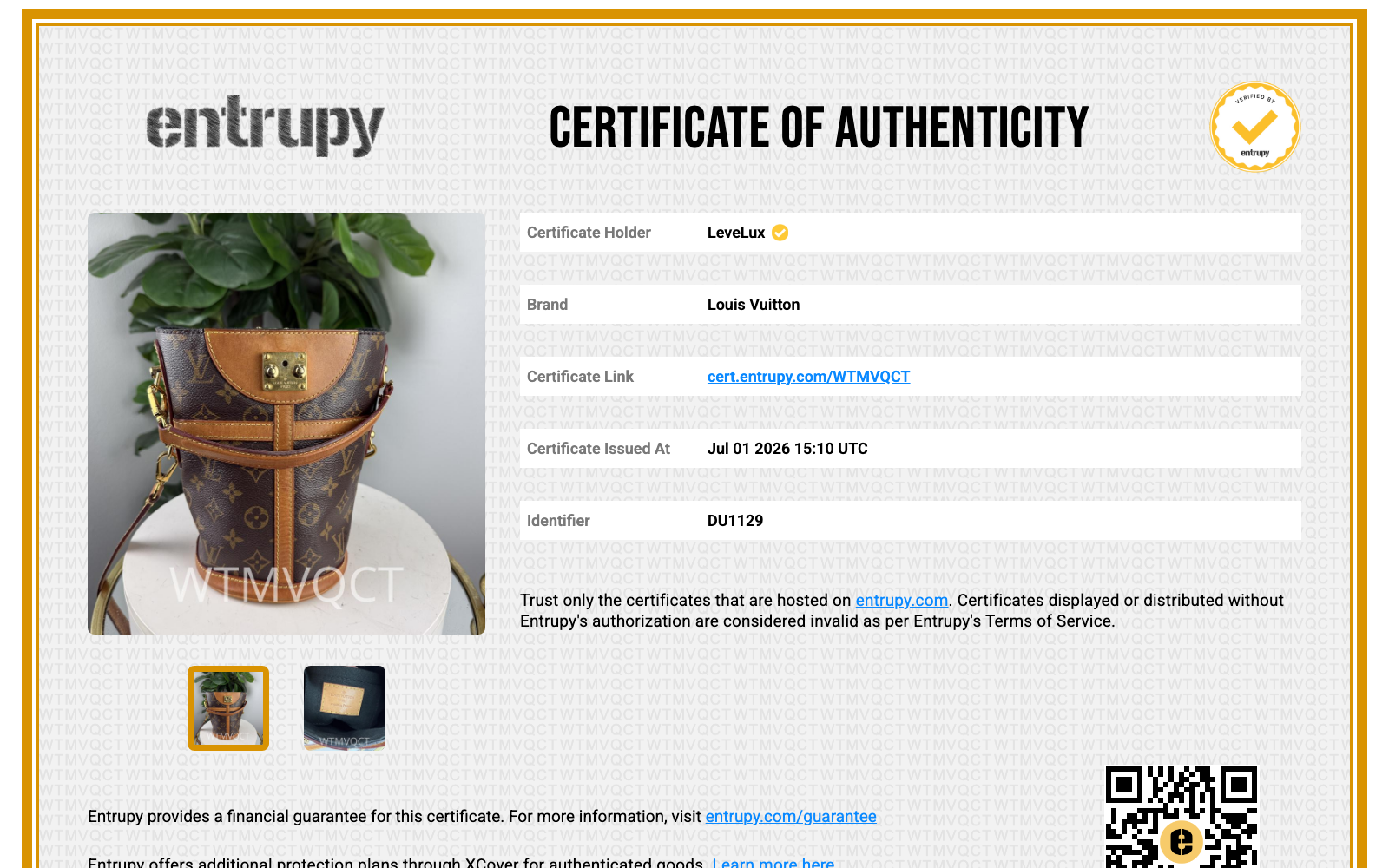 Entrupy Certificate of Authenticity WTMVQCT