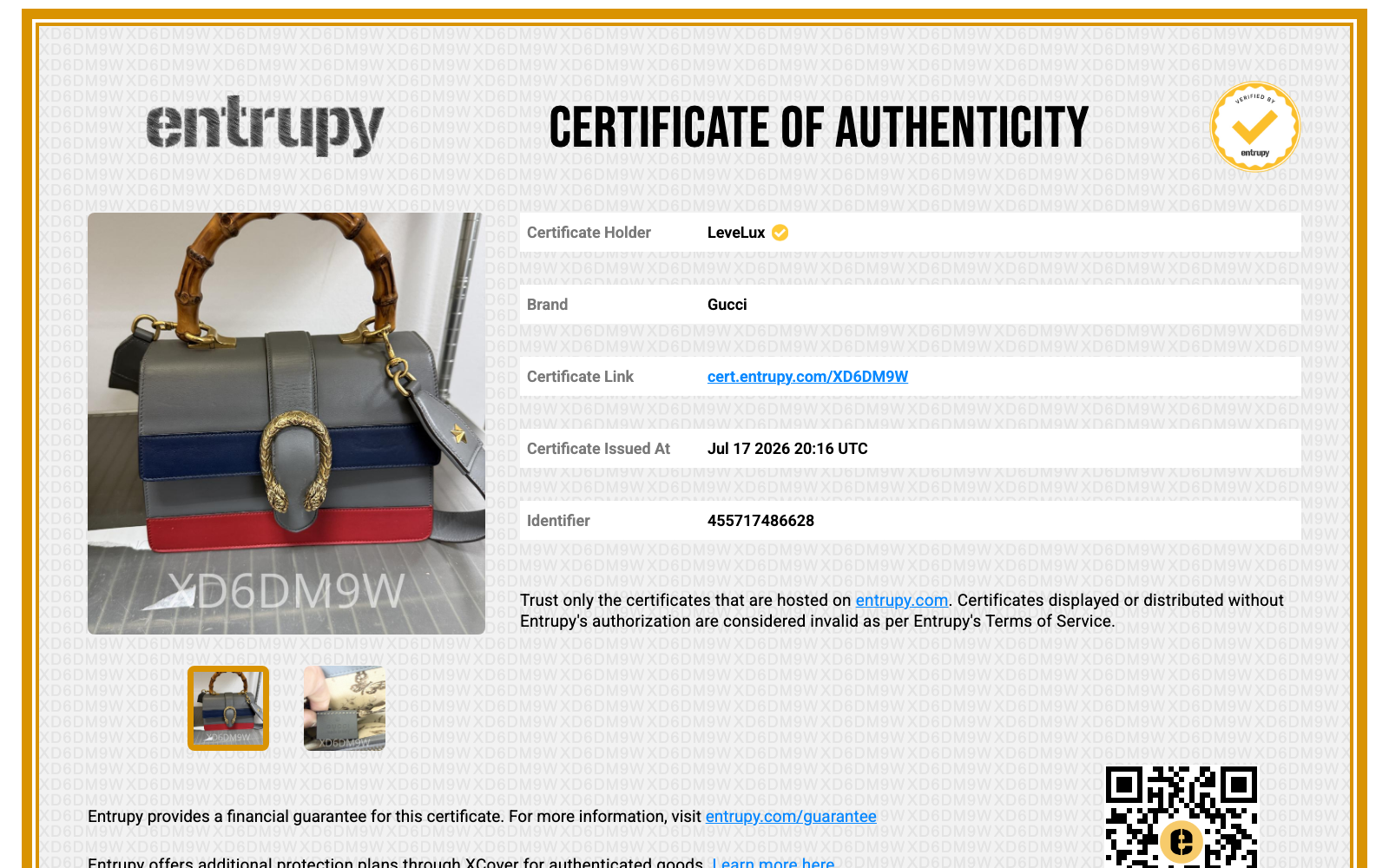Entrupy Certificate of Authenticity XD6DM9W