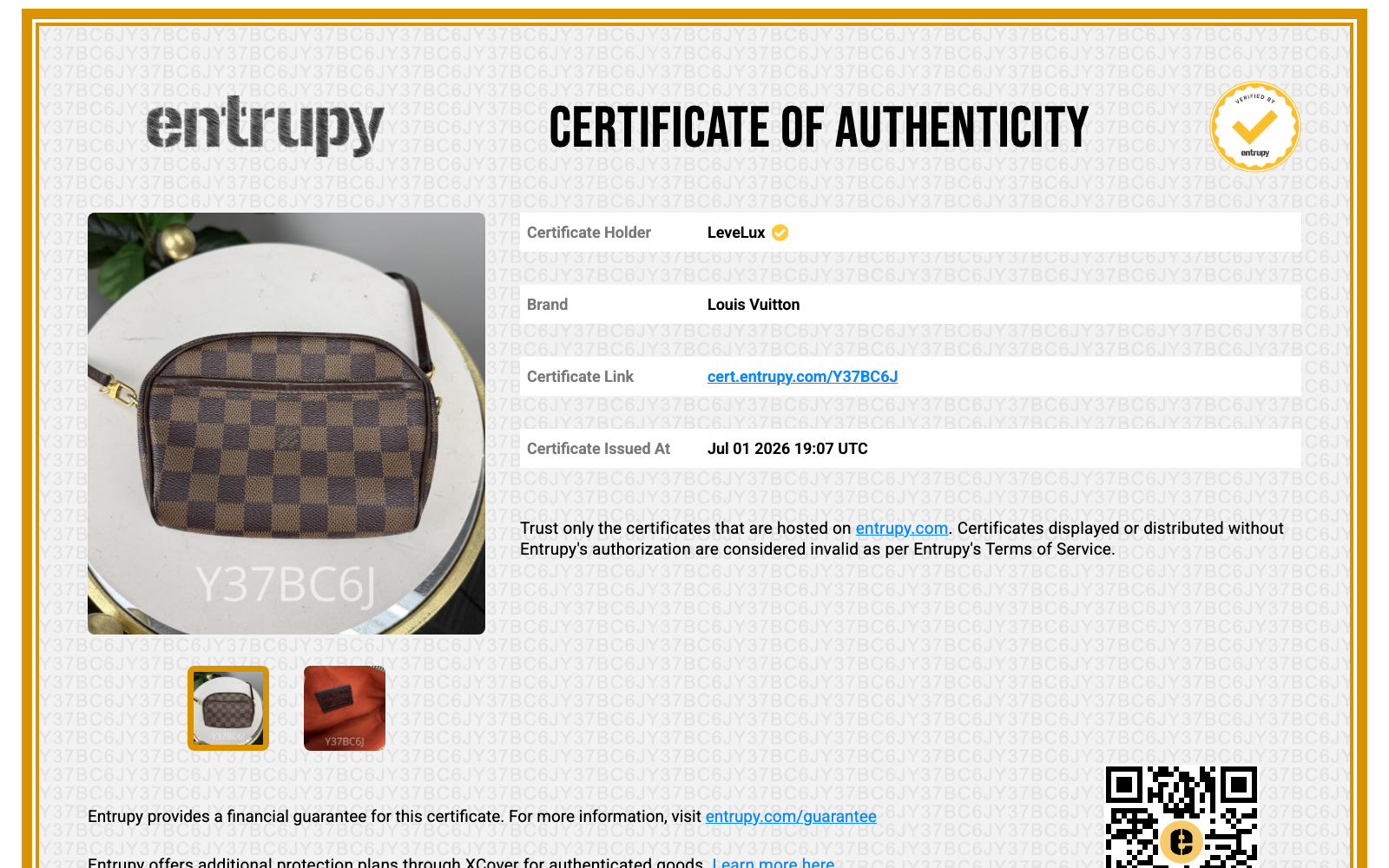 Entrupy Certificate of Authenticity Y37BC6J