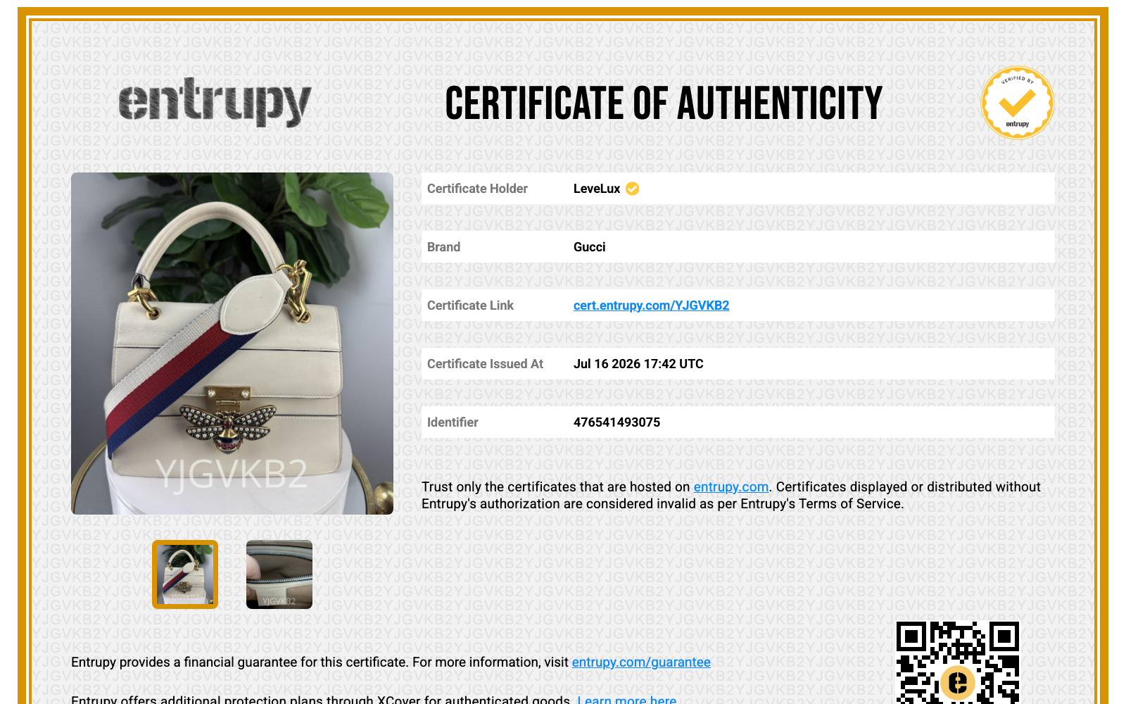 Entrupy Certificate of Authenticity YJGVKB2
