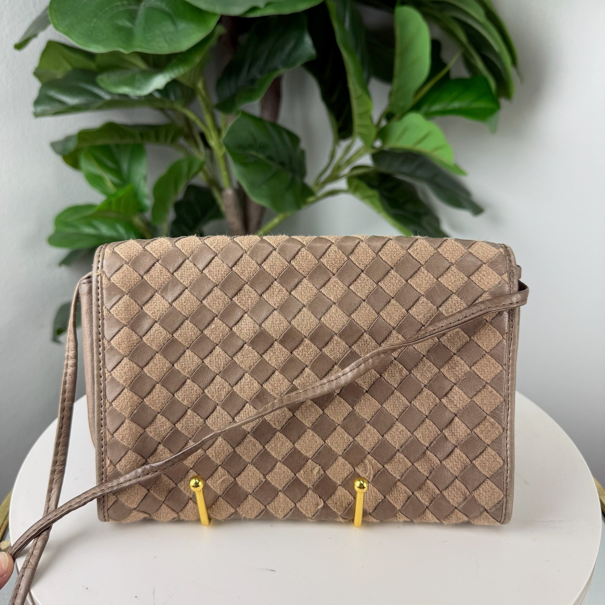 Authentic Bottega Veneta Vintage Intreccio Woven Leather Fabric Flap Crossbody Bag