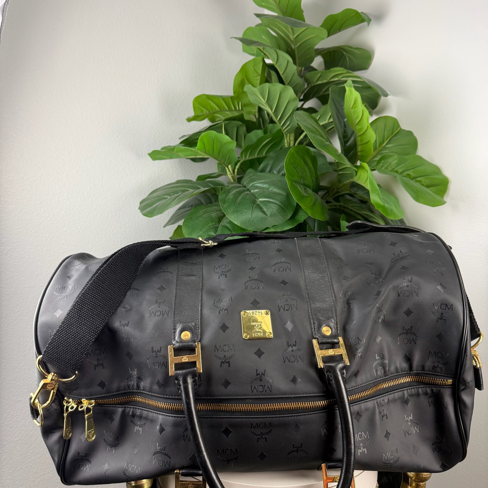 Authentic MCM Black Visetos Coated Canvas Large Travel Duffle Bag