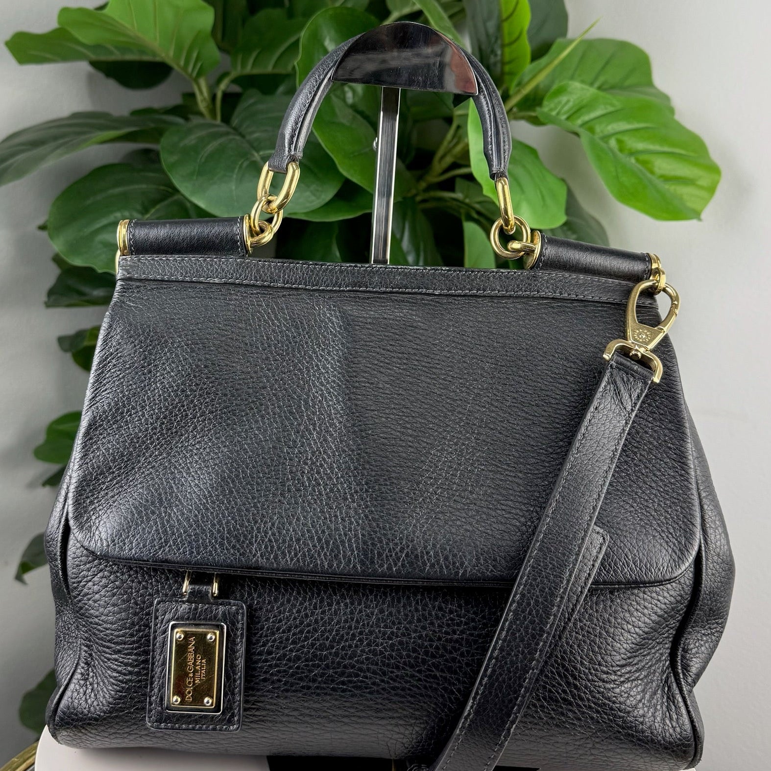 Authentic Dolce & Gabbana Miss Sicily Black Leather Top-Handle Satchel - Gold Hardware