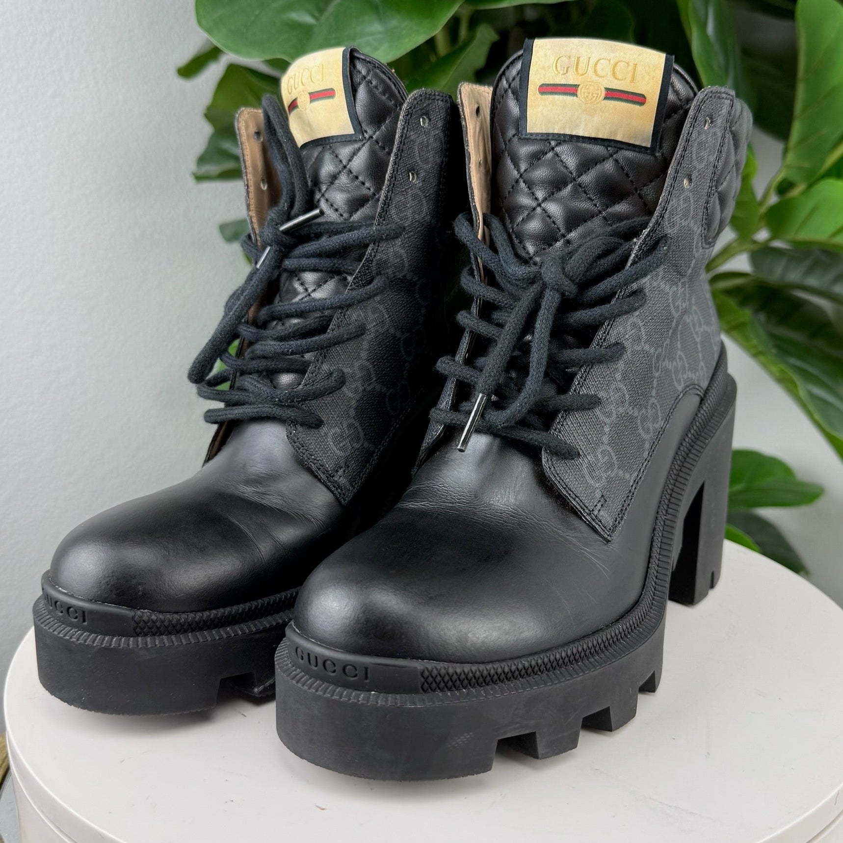 Authentic Gucci GG Canvas Leather Lace-up Boots Size 37