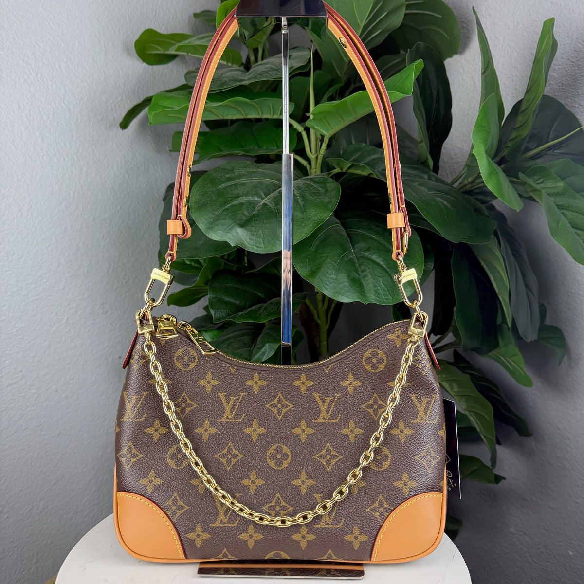 Authentic Louis Vuitton Boulogne Shoulder Bag in Monogram Canvas with Gold Chain Strap