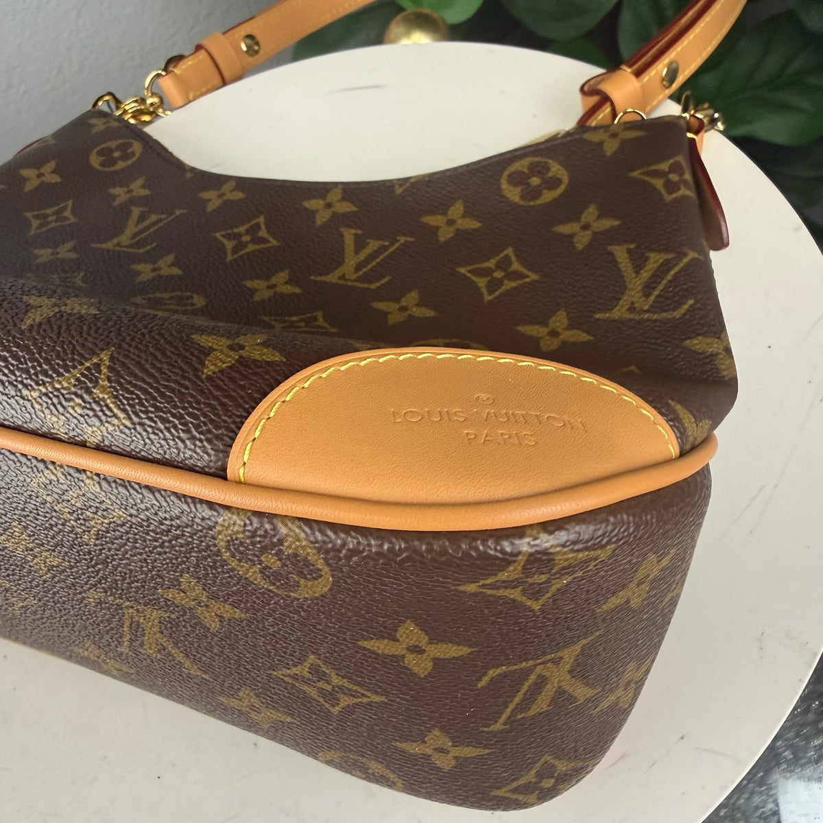 Authentic Louis Vuitton Boulogne Shoulder Bag in Monogram Canvas with Gold Chain Strap