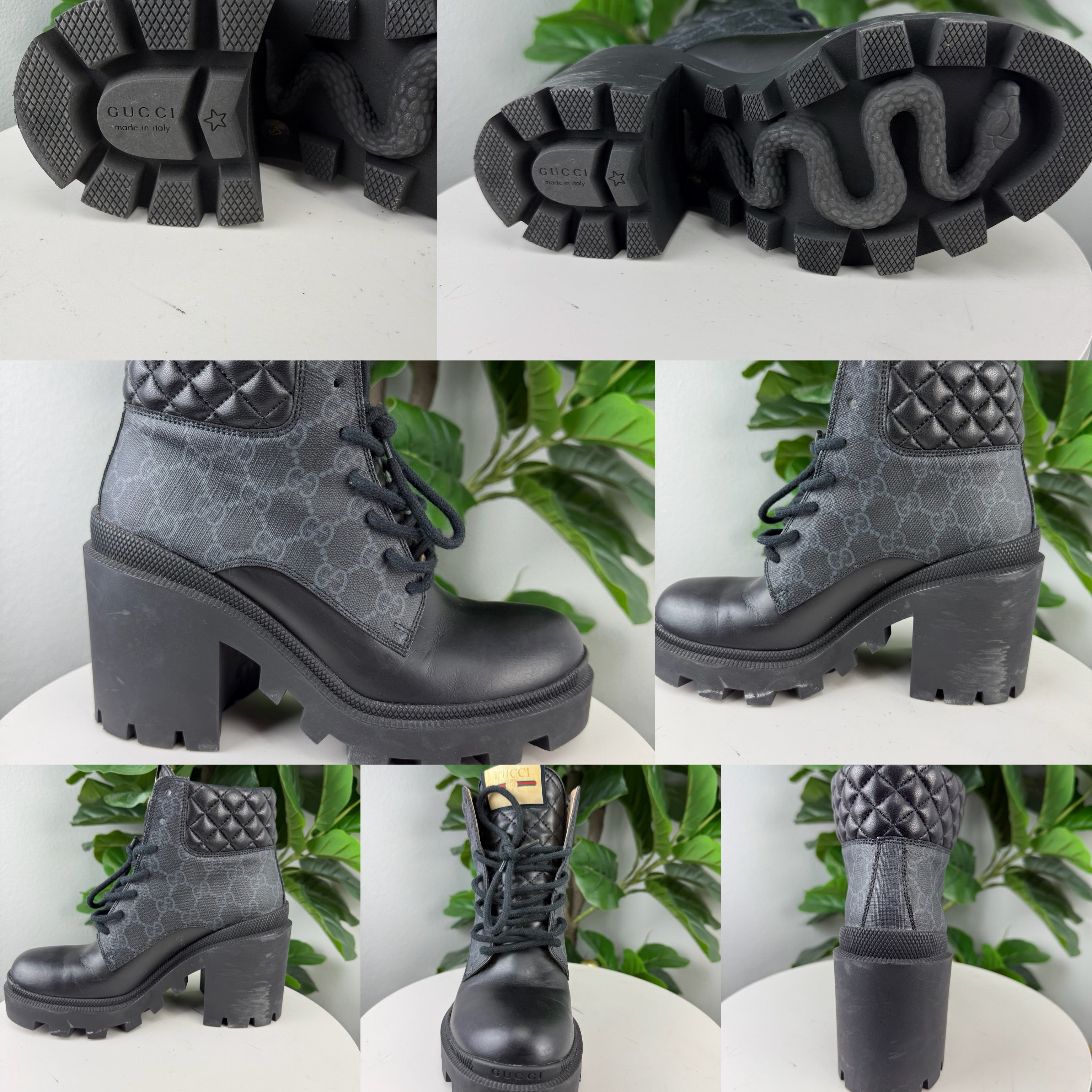 Authentic Gucci GG Canvas Leather Lace-up Boots Size 37