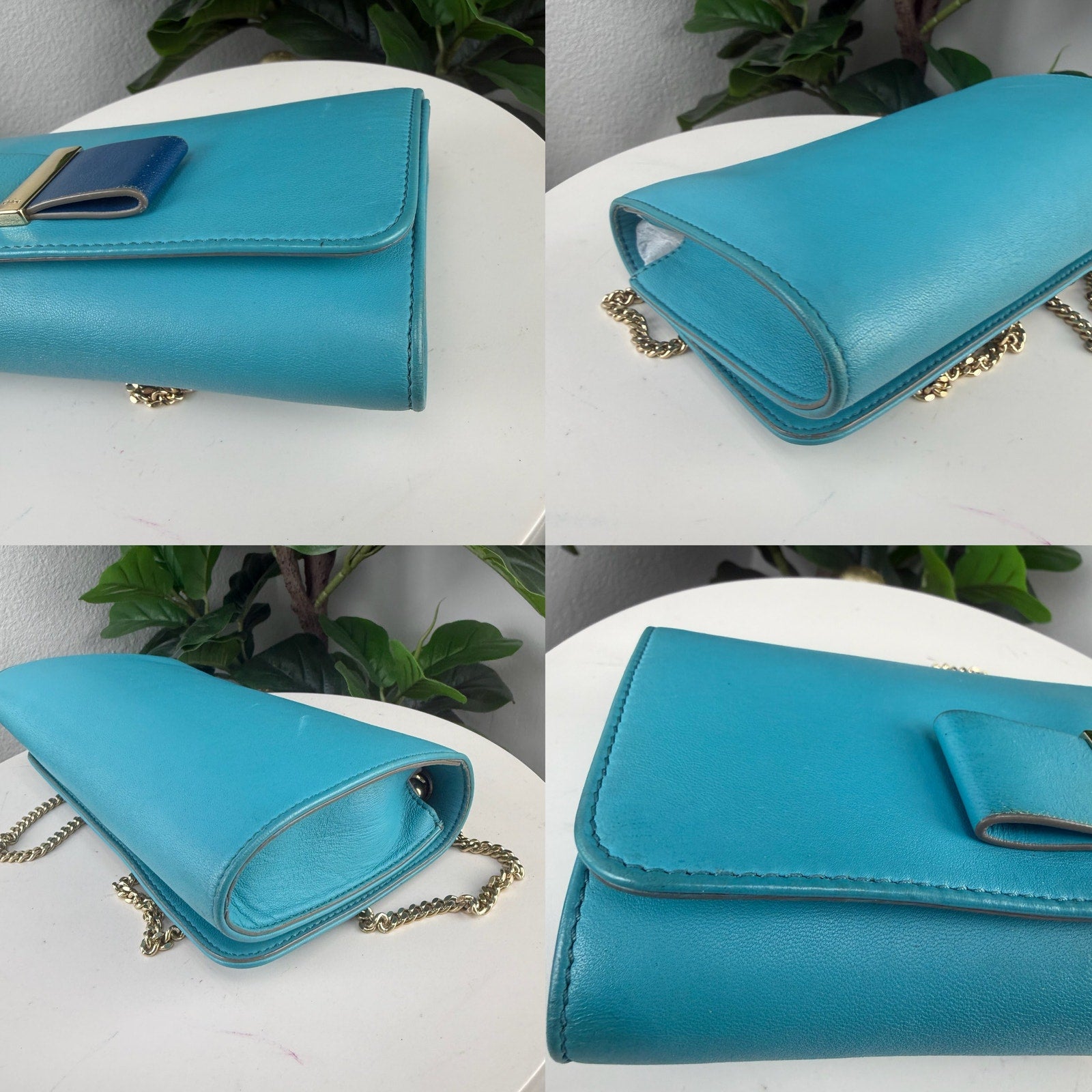 Chloe Leather Blue Bow Chain Wallet Crossbody Bag Authentic Pre Owned