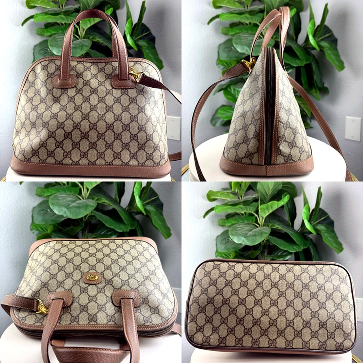 Gucci GG Supreme dome bag detail views: back, opposite side, front angle, bottom