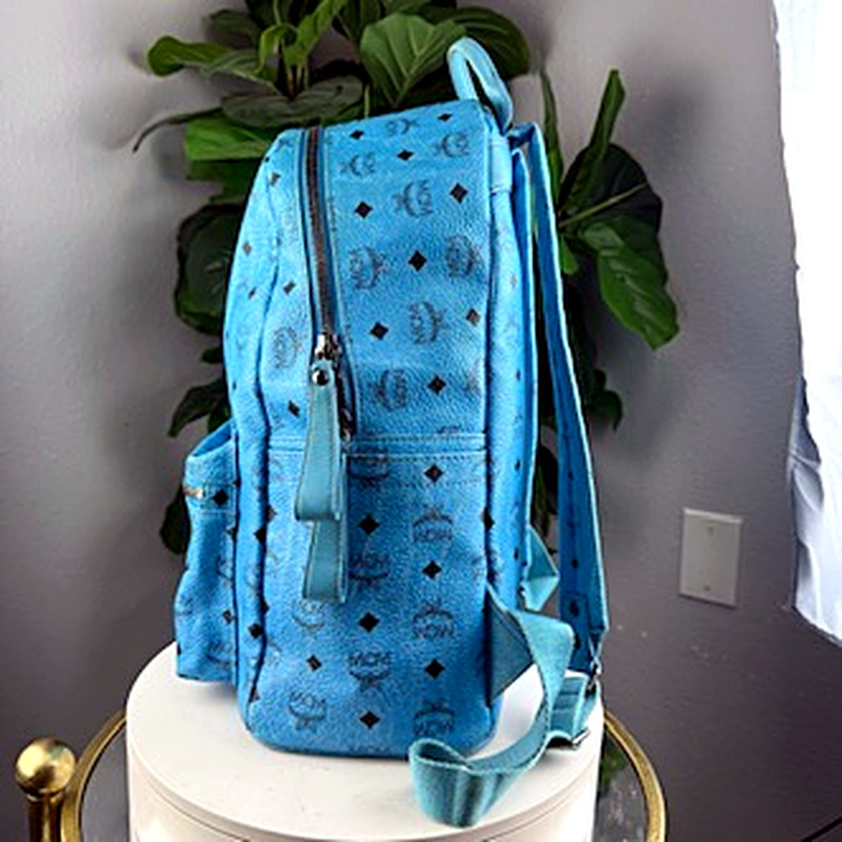 Authentic MCM Stark Sky Blue Visetos Studded Backpack - side