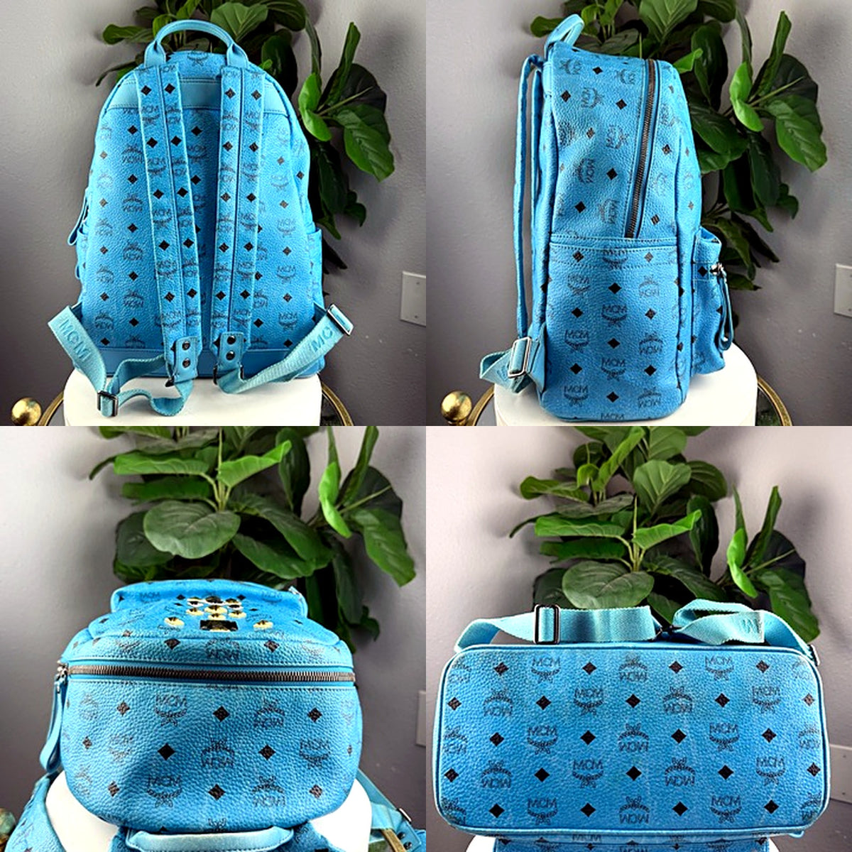 Authentic MCM Stark Sky Blue Visetos Studded Backpack - back, side, top, bottom