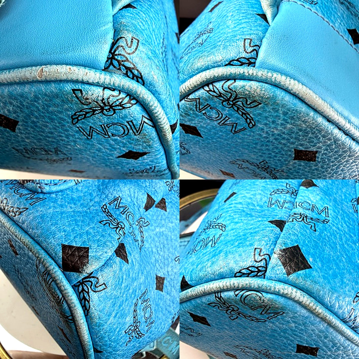 Authentic MCM Stark Sky Blue Visetos Studded Backpack - canvas and stud detail