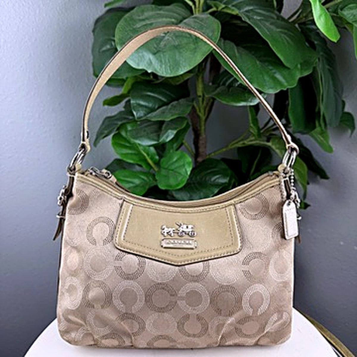 Authentic Coach Khaki Gold Signature Dotted Jacquard Hobo Bag - front