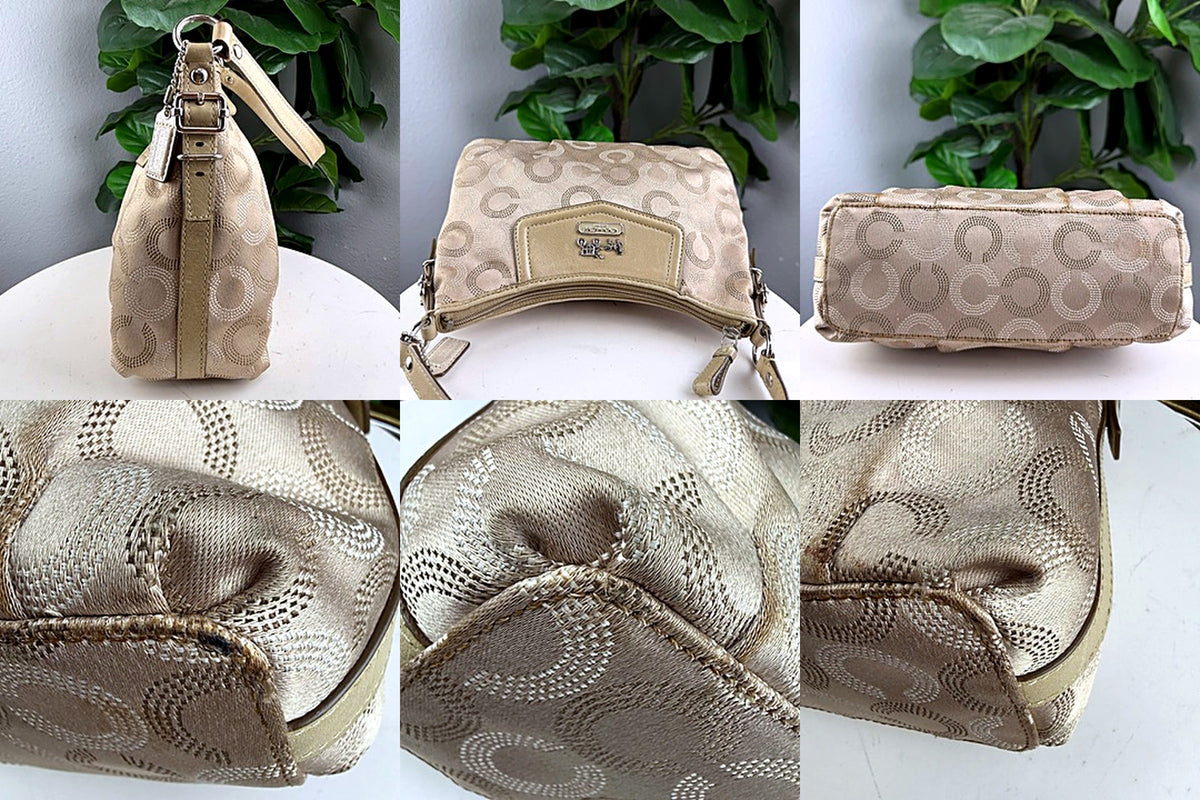 Authentic Coach Khaki Gold Signature Dotted Jacquard Hobo Bag - detail views