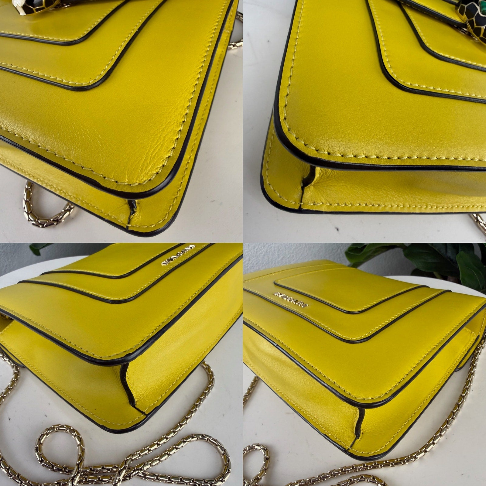 Bvlgari Serpenti Forever Yellow Leather Snake Head Chain Crossbody Flap Bag Authentic Pre Owned