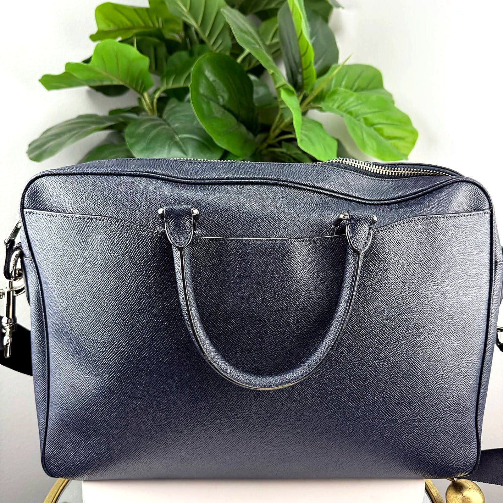 Authentic Coach Navy Crossgrain Leather Briefcase - back view