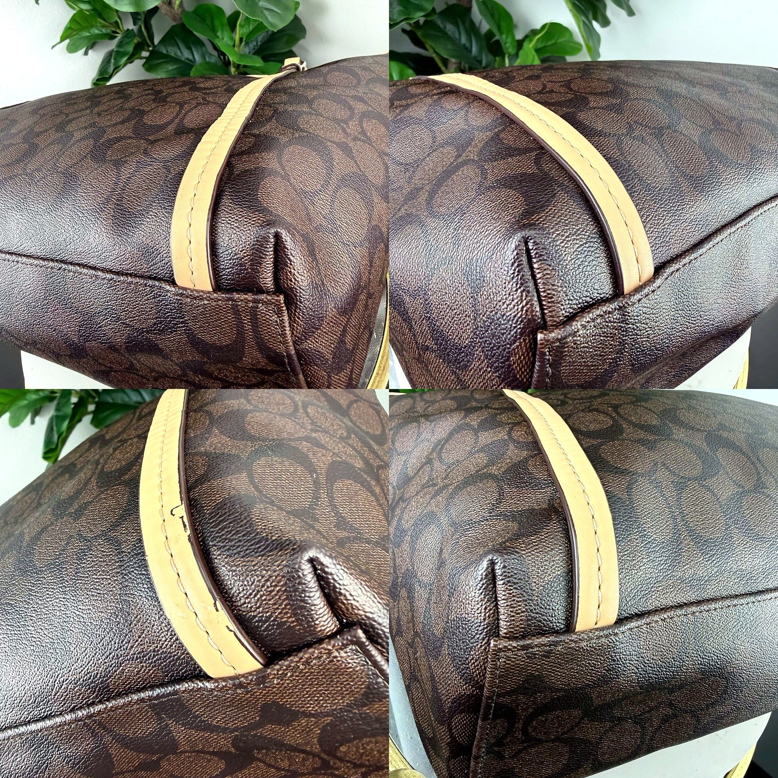 Coach brown Signature canvas texture and camel leather trim detail, including minor edge wear