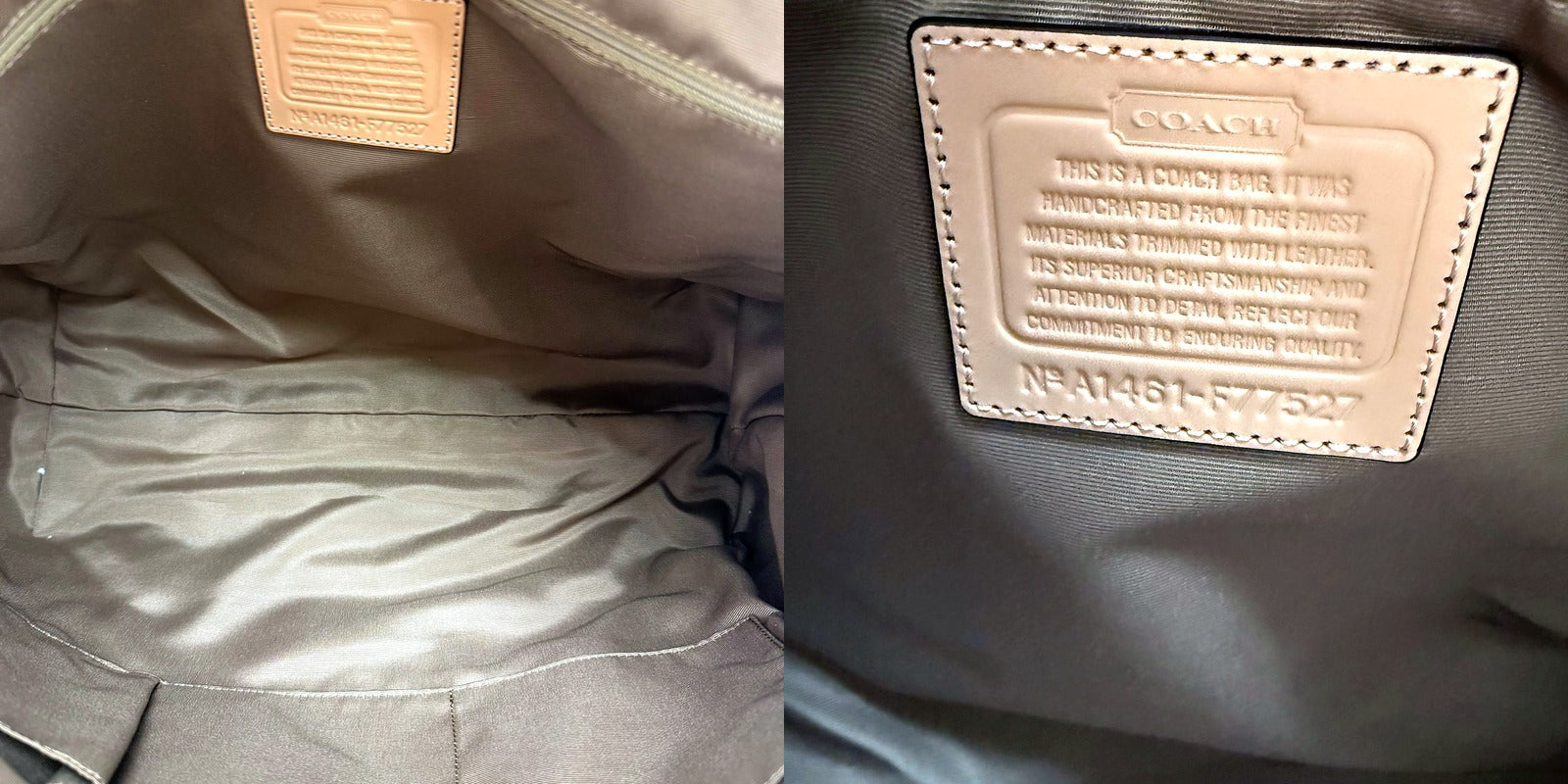 Coach tote interior lining and embossed serial number patch Nº A1461-F77527