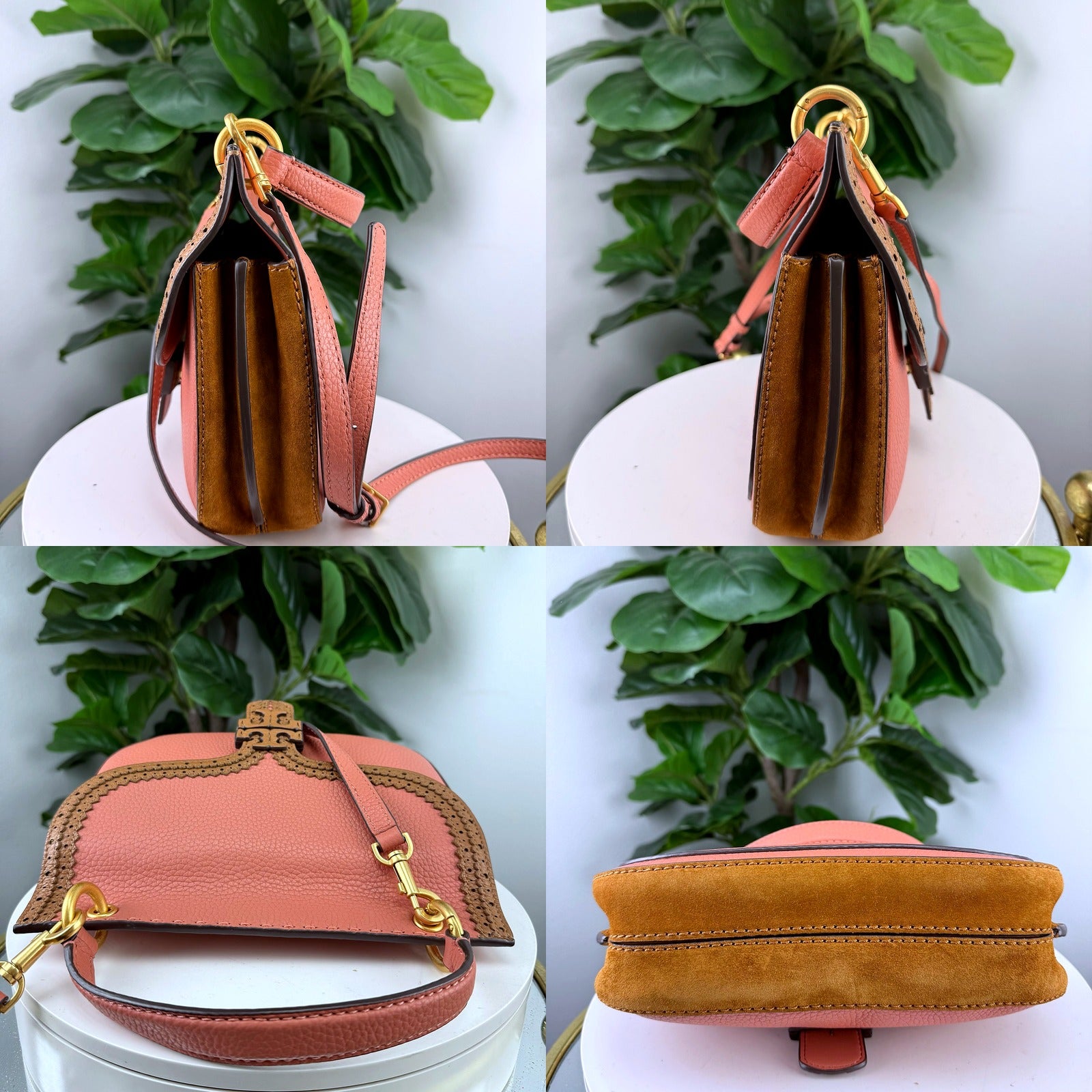 Authentic Tory Burch McGraw Brogue Saddle Bag - side, top-down, and base views