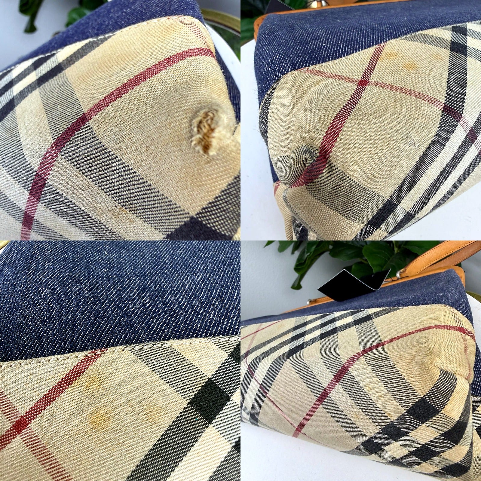 Authentic Vintage Burberry Nova Check Denim Wristlet Clutch Bag - condition detail: stains and frayed corner