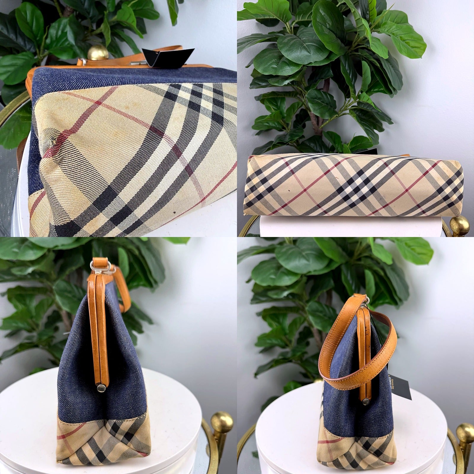 Authentic Vintage Burberry Nova Check Denim Wristlet Clutch Bag - detail views