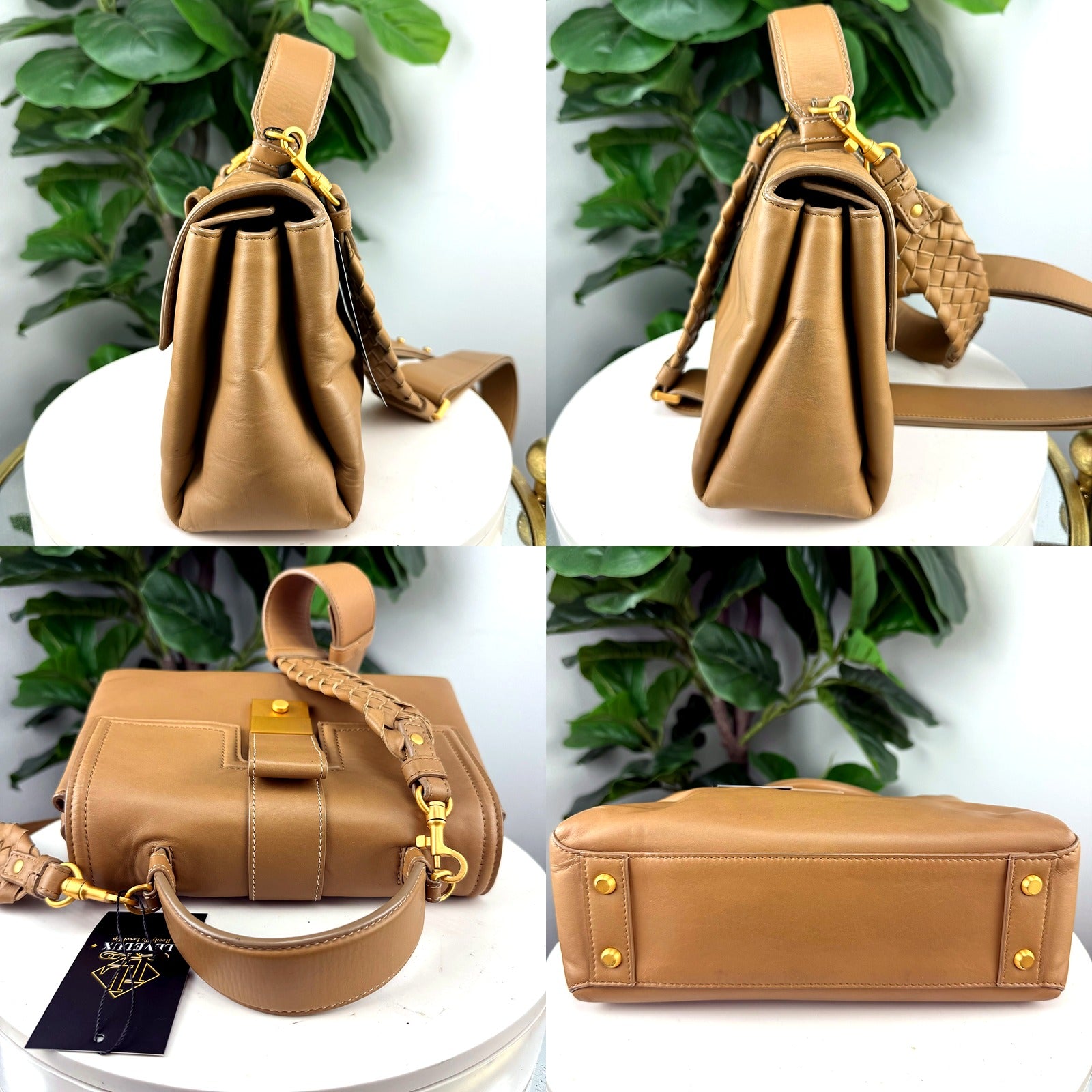 Bottega Veneta top handle bag - side, top, and base angle detail collage
