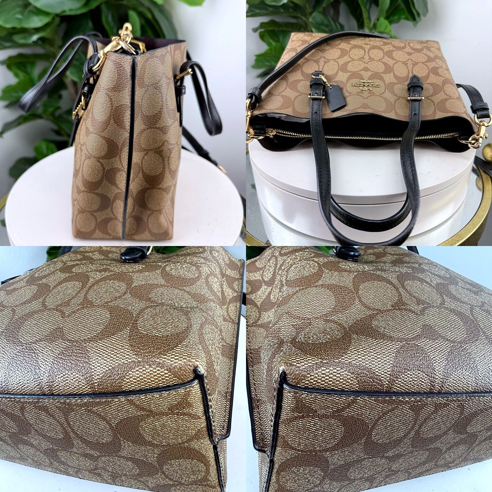 Authentic Coach Signature Tan Canvas Tote Bag - open top, flat lay and corner detail collage