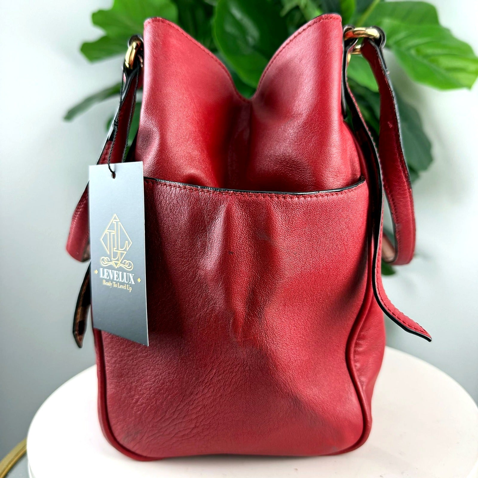 Authentic Burberry red leather Nova Check trim hobo bag - back view
