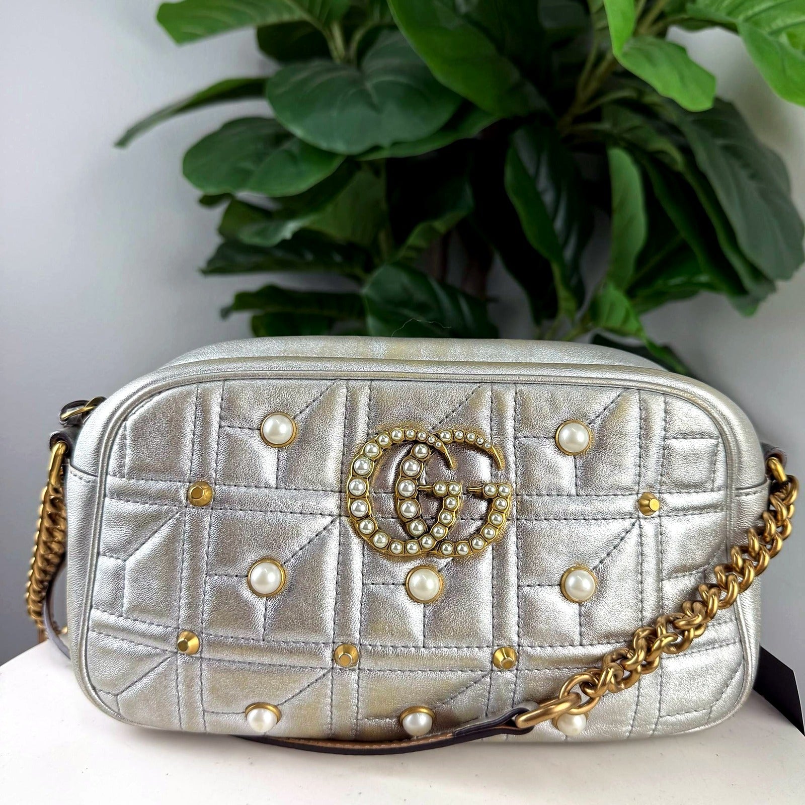 Authentic Gucci GG Marmont metallic silver pearl studded camera bag - front view