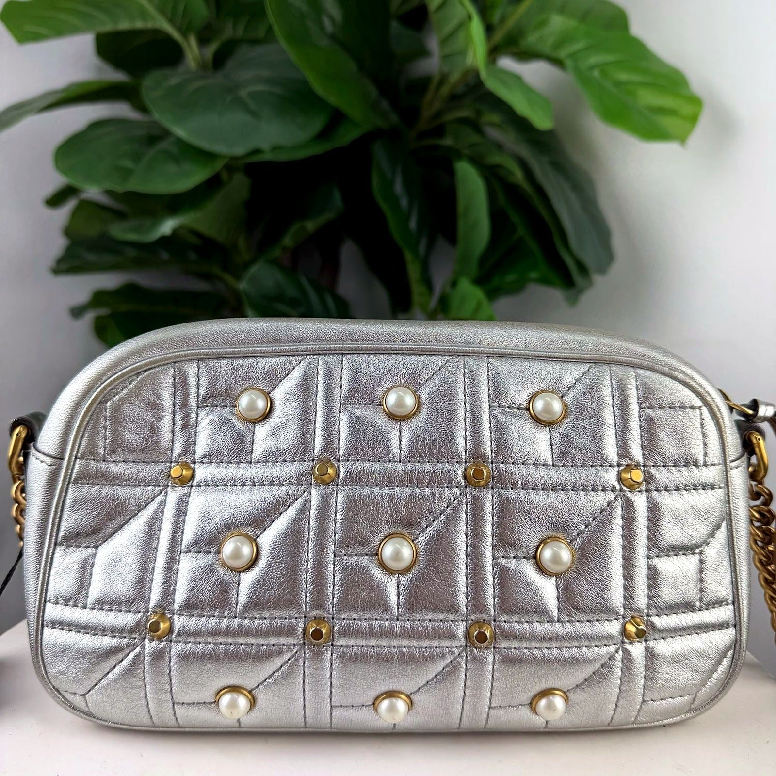 Authentic Gucci GG Marmont metallic silver pearl studded camera bag - back view