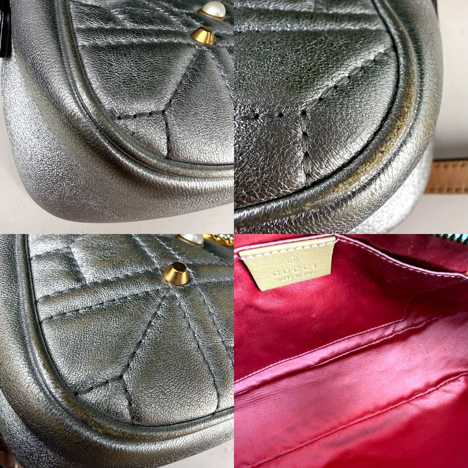 Authentic Gucci GG Marmont camera bag - quilting, pearl stud, and interior detail