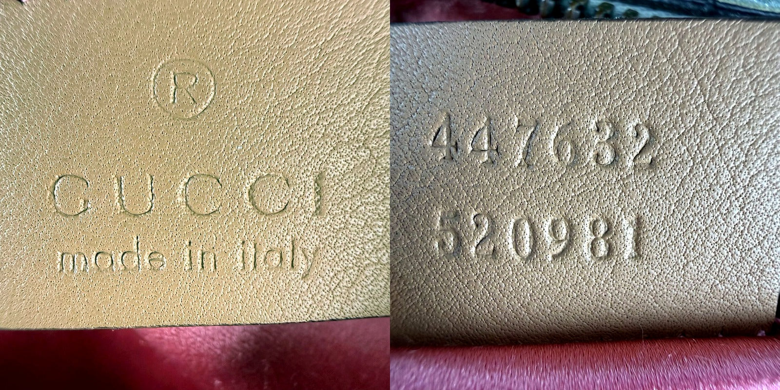 Authentic Gucci GG Marmont camera bag - interior tag and serial number 447632 520981