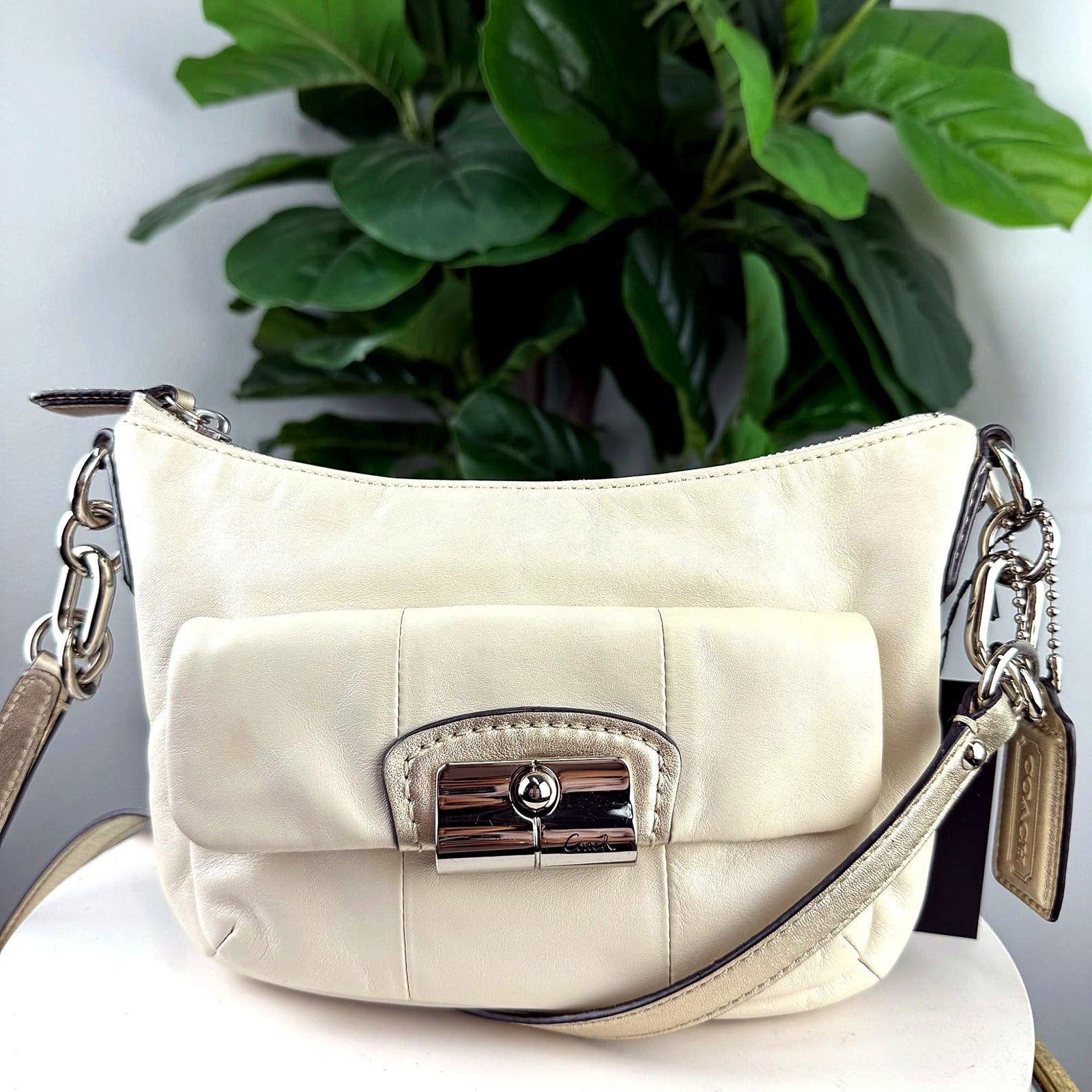 Authentic Coach Ivory Leather Chain Strap Hobo Bag - front view