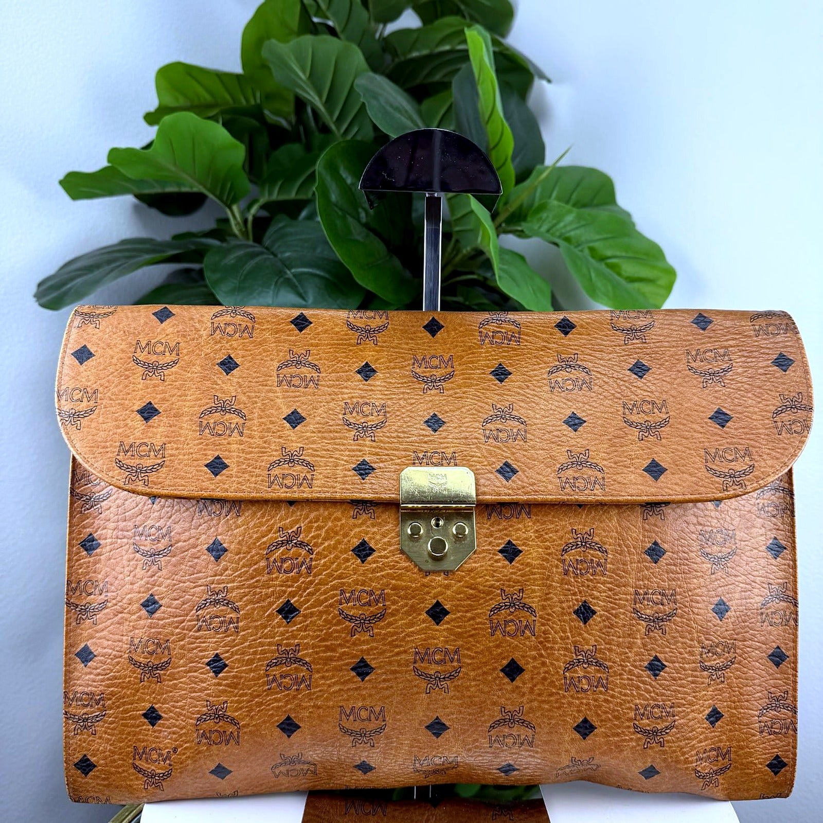 Authentic MCM Cognac Visetos Envelope Clutch - front