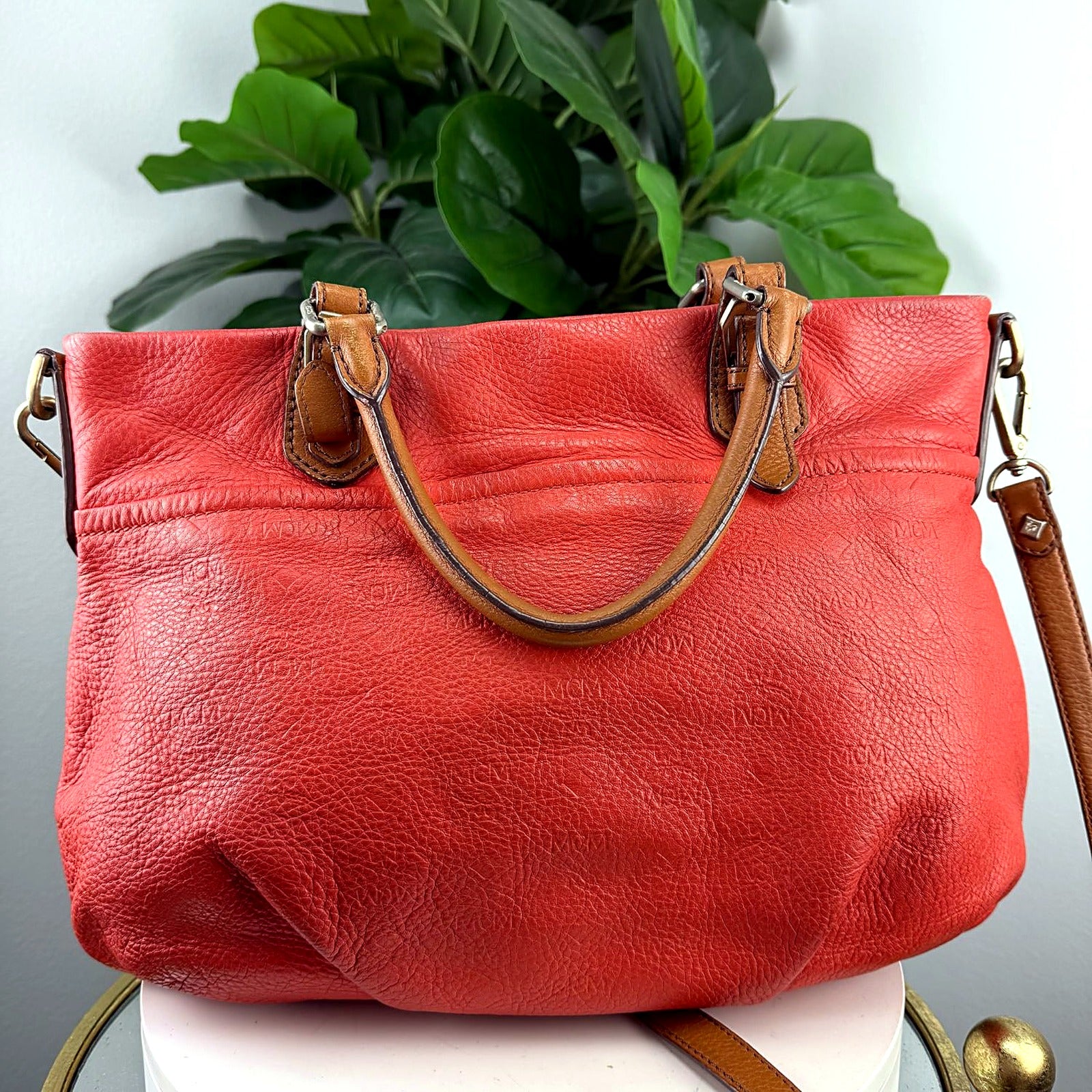 Authentic MCM Coral Pebbled Leather Convertible Tote Bag - back