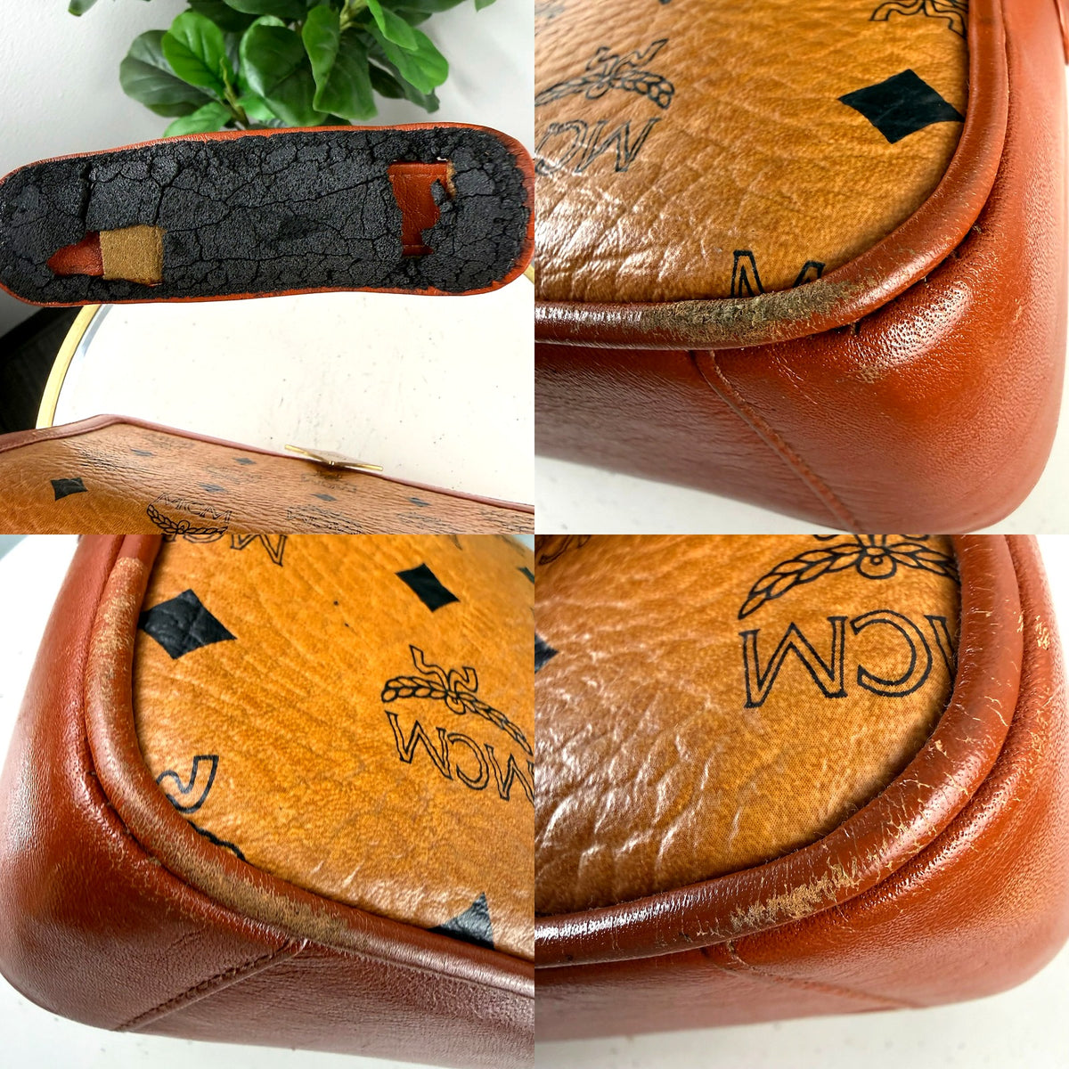 Condition detail: cracked base padding and leather trim wear