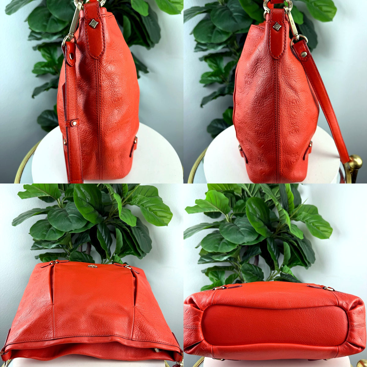 Authentic MCM red embossed monogram pleated hobo bag - side profile, strap attachment, top view, and base