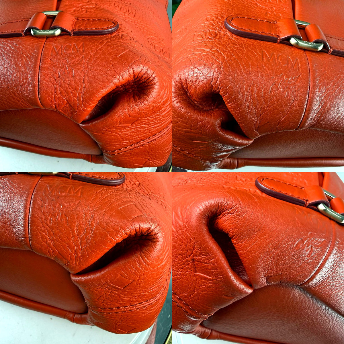 Authentic MCM red embossed monogram pleated hobo bag - embossed leather texture detail