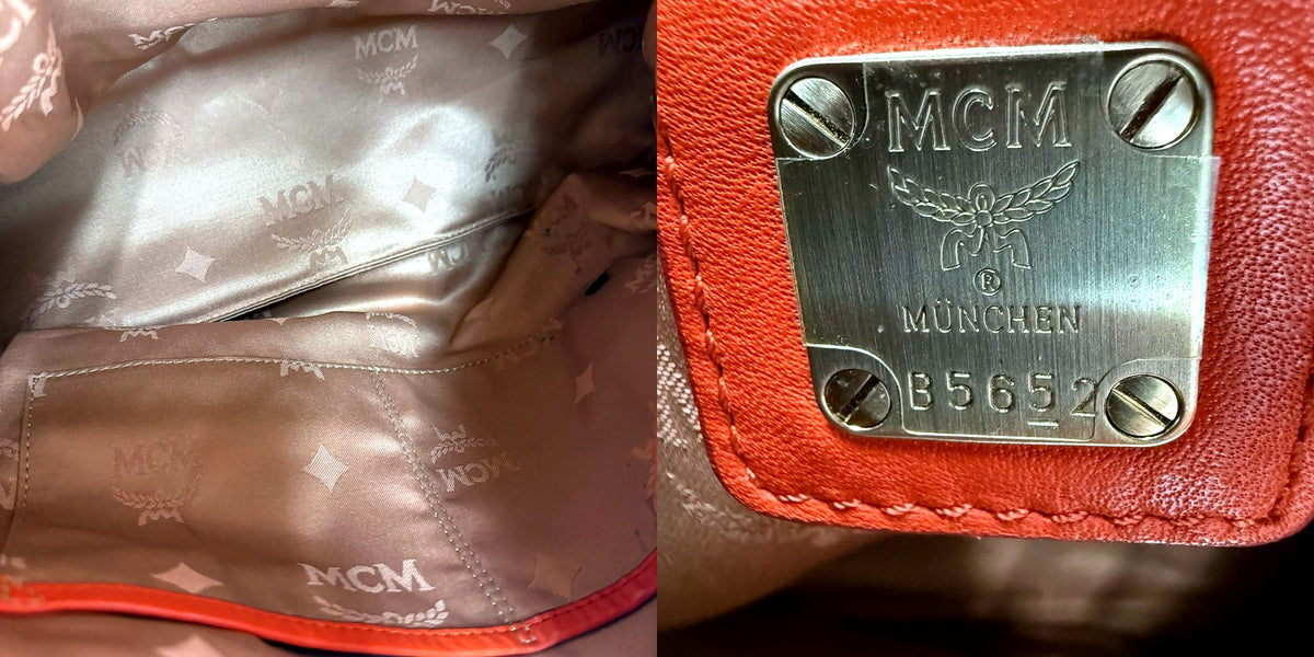 Authentic MCM red embossed monogram pleated hobo bag - interior lining and MCM MUNCHEN B5652 hardware plate
